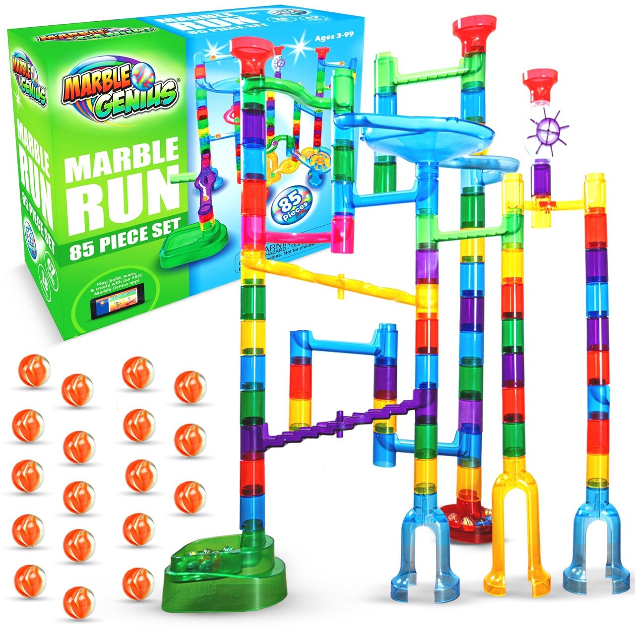 Marble Genius Marble Run - 85 Complete Pieces Maze Track Easter Toys for Adults, Teens, Toddlers & Kids Ages 3-14 Years Old (67 Translucent Marbulous Pieces + 18 Glass-Marble Set), Explorer Set
